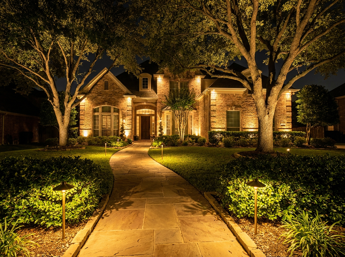 Luxury pool with professional landscape lighting at night